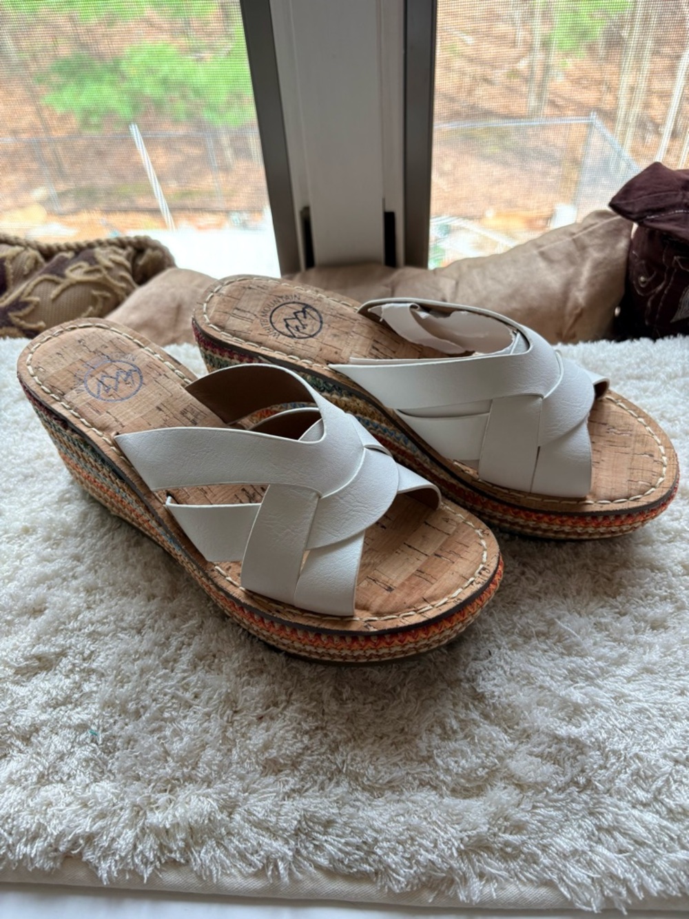 White Mountain White Leather Wedge Slide Sandals with Espadrille Platform